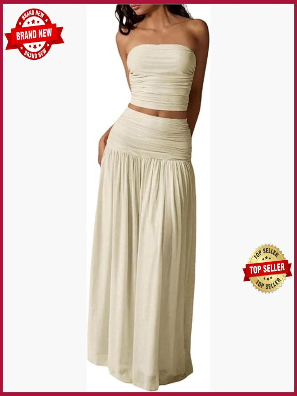 Two Piece Set Ruched Bandeau Crop Top Pleated Mesh Maxi Skirt Set Medium